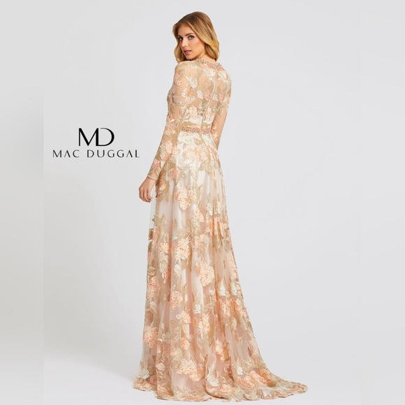 Mac Duggal Floral Embroidered Long Sleeve Dress, A-Line Gown in Cream Peachy NWT - Picture 7 of 15